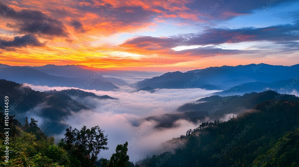 Obraz premium Majestic Sunrise Over Foggy Mountain Ranges