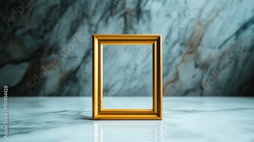 An empty golden picture frame stands elegantly against a textured marble wall, symbolizing the concept of potential and timelessness in art and decoration. photo