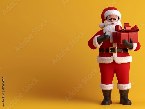 Cheerful 3D Cartoon Character of Santa Claus Holding a Gift on a Bright Yellow Background, Perfect for Holiday-Themed Projects and Festive Celebrations