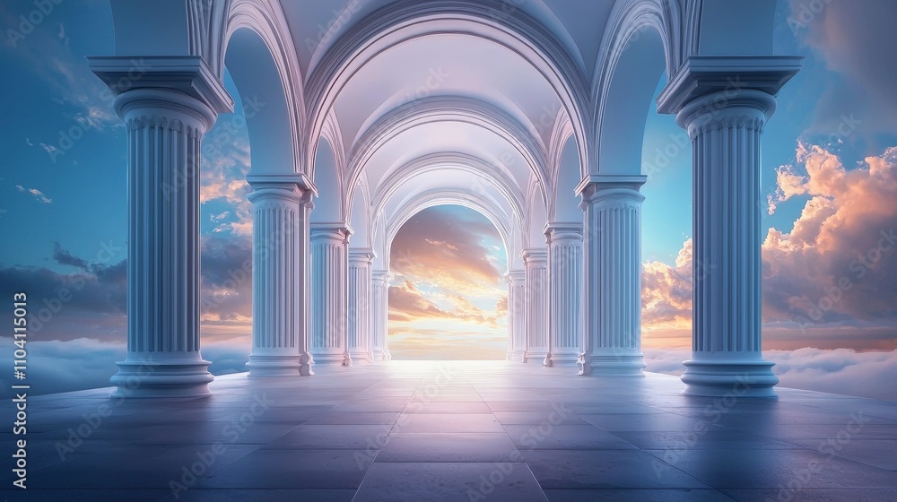 Fototapeta premium A Serene Infinite Corridor with Glowing Arches Leading into a Dreamlike Horizon Under a Soft Sunset Sky in Ethereal Atmosphere