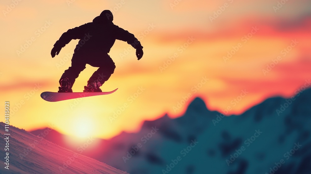 A silhouetted snowboarder jumps against a vibrant sunset backdrop, showcasing the thrill of winter sports and the beauty of nature. A silhouetted snowboarder jumps against a vibrant sunset backdrop, showcasing the thrill of winter sports and the beauty of nature.