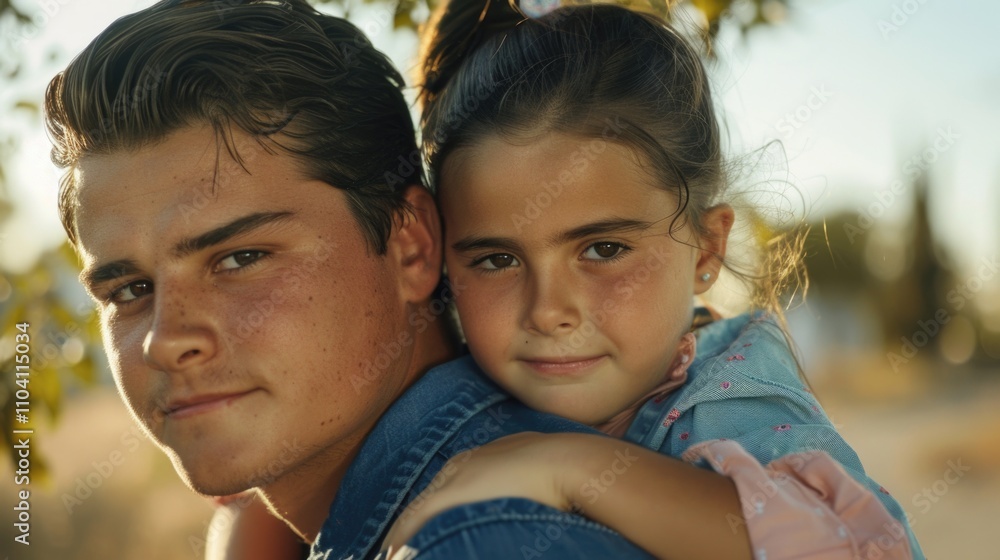 A father holds his young daughter close, showing affection and protection A father holds his young daughter close, showing affection and protection