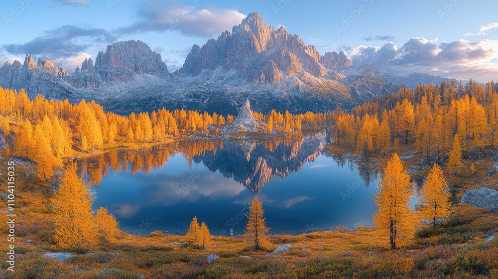 A serene landscape featuring mountains, a lake, and autumn foliage reflecting in the water. A serene landscape featuring mountains, a lake, and autumn foliage reflecting in the water.