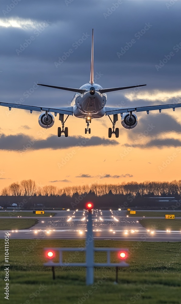 Fototapeta premium Airplane landing on runway at sunset.