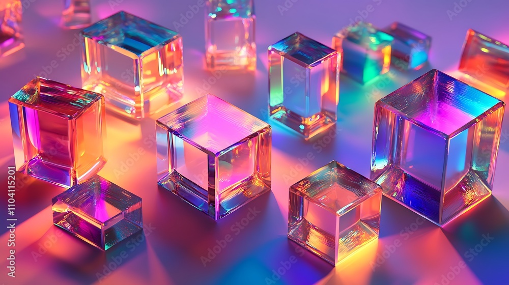 Iridescent 3D elements with reflective surfaces and glowing highlights Iridescent 3D elements with reflective surfaces and glowing highlights