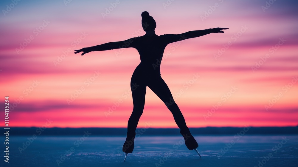 A graceful figure skater silhouetted against a vibrant sunset, showcasing elegance and movement on ice. A graceful figure skater silhouetted against a vibrant sunset, showcasing elegance and movement on ice.
