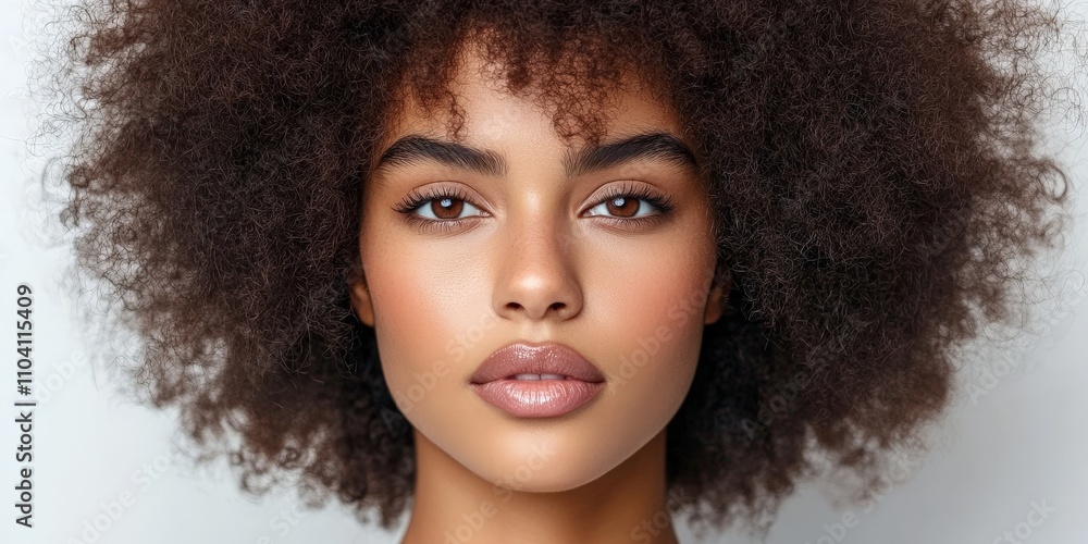 A young woman with voluminous curly hair gazes confidently at the camera, exuding natural beauty and elegance, emphasizing strong and expressive facial features. A young woman with voluminous curly hair gazes confidently at the camera, exuding natural beauty and elegance, emphasizing strong and expressive facial features.
