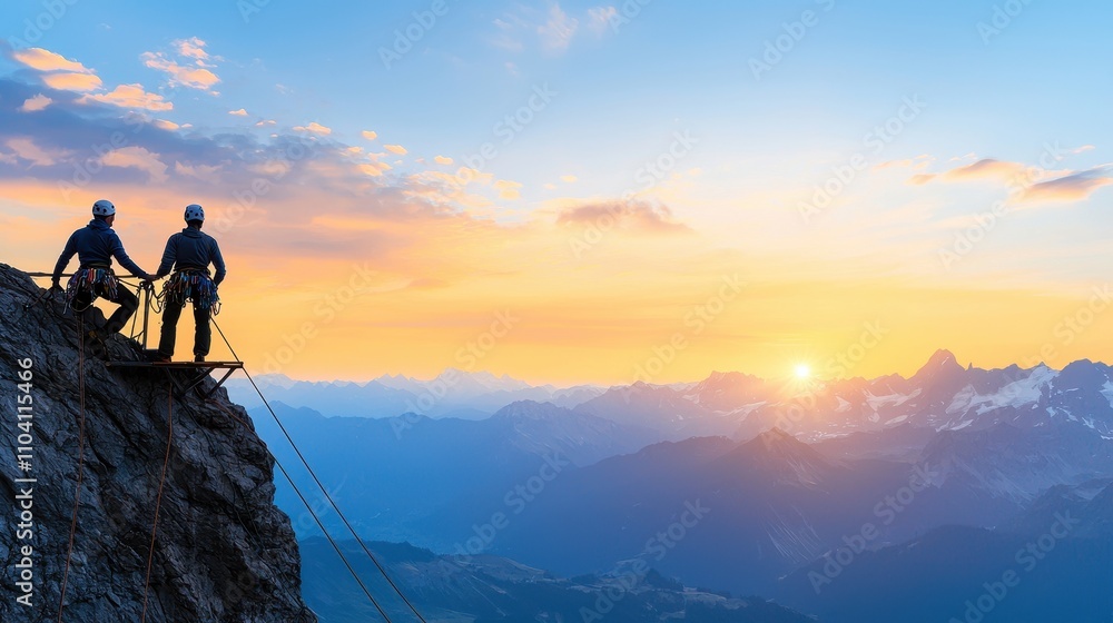 Two climbers stand on a rocky ledge, witnessing a breathtaking sunset over vast mountain ranges, embodying adventure and achievement. Two climbers stand on a rocky ledge, witnessing a breathtaking sunset over vast mountain ranges, embodying adventure and achievement.