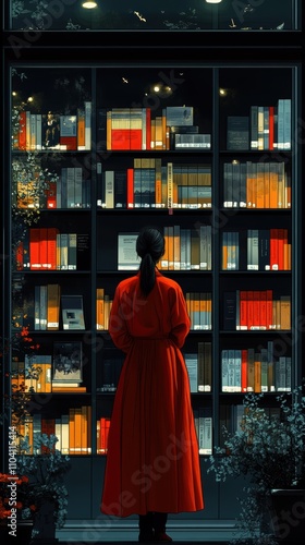 A contemplative Asian woman in a red dress gazes at colorful bookshelves, immersed in a world of literature.