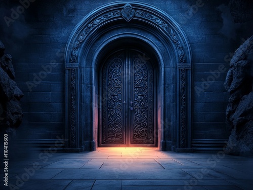 A Mysterious Door Bathed in Radiant Light with Intricate Designs  Inviting Exploration in an Enigmatic Environment