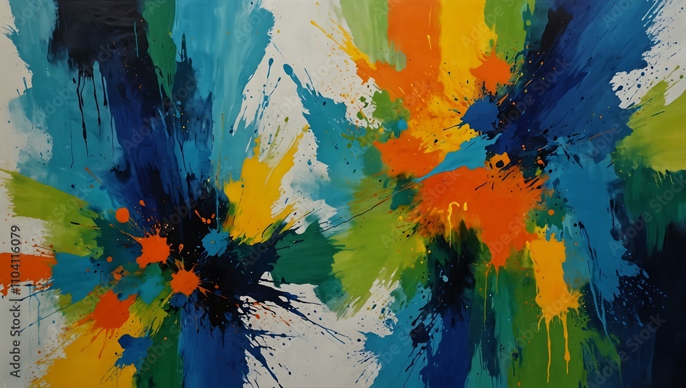 Abstract painting with vibrant hues of blue, green, yellow, and orange. Abstract painting with vibrant hues of blue, green, yellow, and orange.