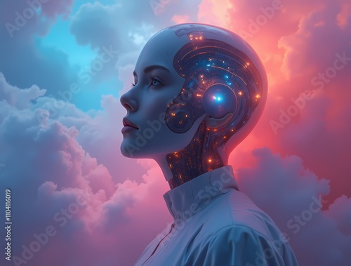 Art design - Woman with artificial intelligence surrounded by colorful clouds