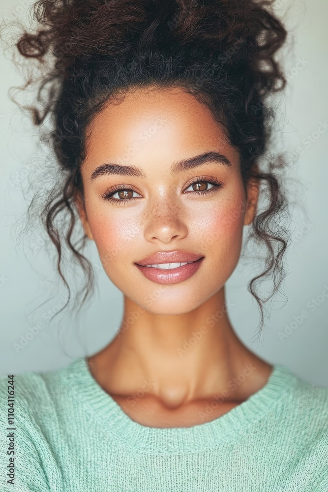 Naklejka premium Joyful young woman with her natural curly hair tied up, smiling warmly while wearing a cozy sweater, capturing her vibrant energy and modern charm.