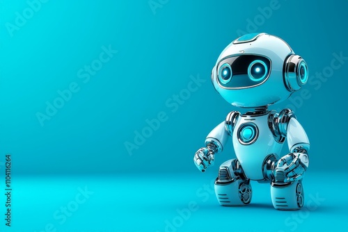 Quirky 3D Cartoon Robot Design with Glossy Finish and Textured Details on a Vibrant Blue Background