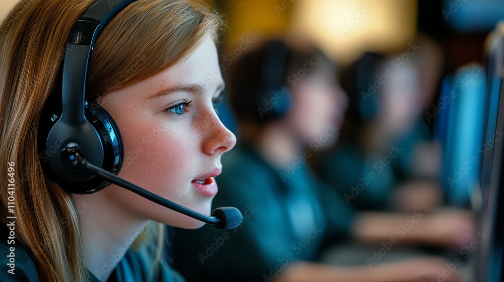 call center person A focused young girl with freckles and long hair uses a headset while participating in a group activity at a computer station. call center person A focused young girl with freckles and long hair uses a headset while participating in a group activity at a computer station.