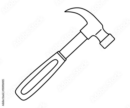 Hand drawn cute outline illustration of hammer instrument. Flat vector repair tool in line art doodle style. Support service hardware icon. Settings or fix problem. Find solution. Isolated.