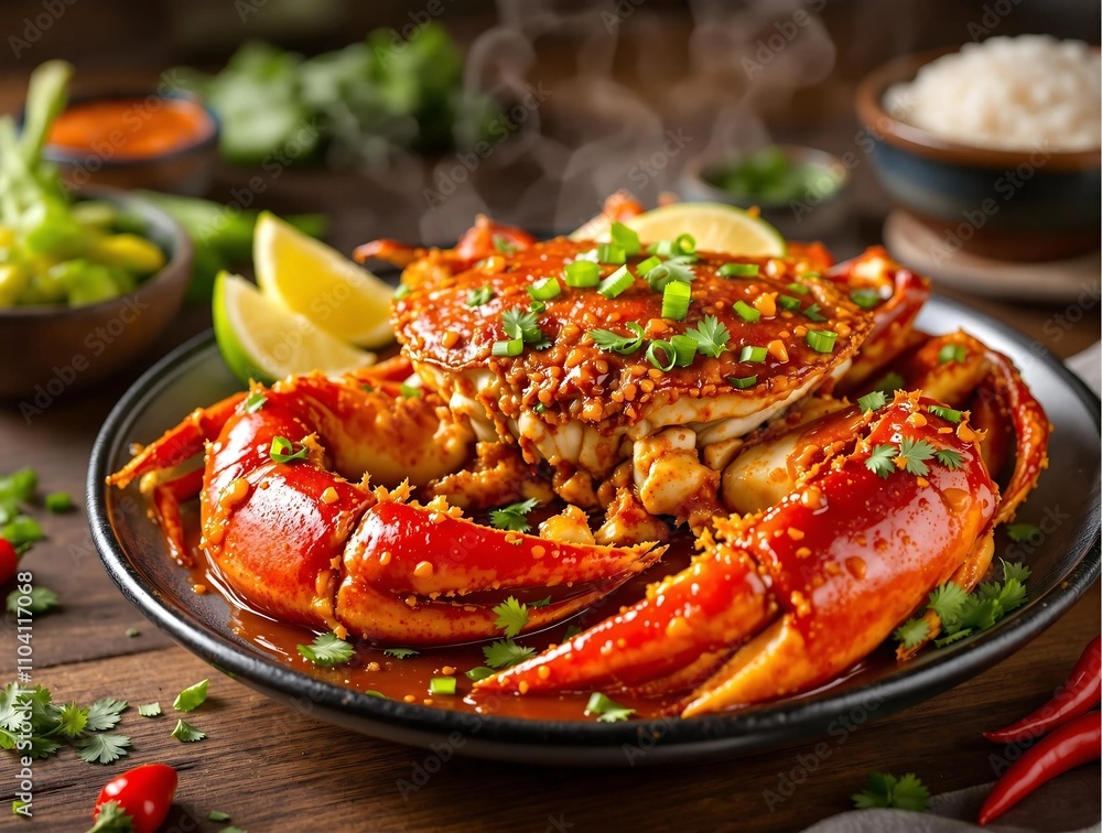 Chili Crab Dish with Glossy Sauce and Fresh Garnishes on Rustic Table Chili Crab Dish with Glossy Sauce and Fresh Garnishes on Rustic Table