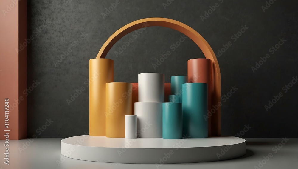 Abstract podium scene with cylindrical display stand for products.