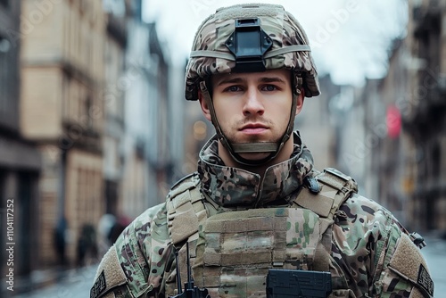 Urban Soldier Standing Guard in Military Uniform Amidst City Streets, Displaying Alertness and Readiness in Modern Environment