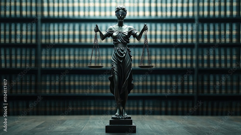 A statue of Lady Justice holding scales, set against shelves of law books, symbolizing fairness and the legal system. A statue of Lady Justice holding scales, set against shelves of law books, symbolizing fairness and the legal system.