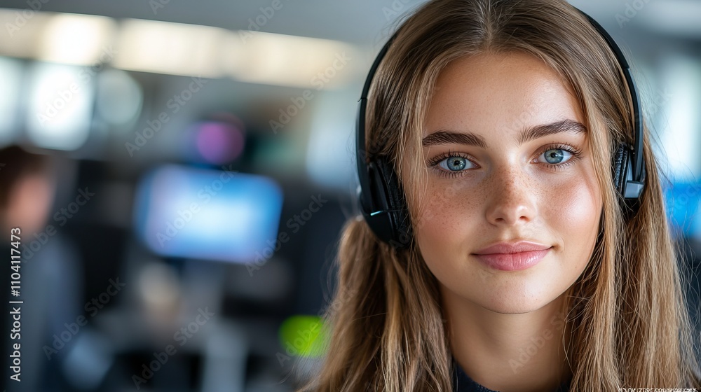 call center person A young Caucasian woman with long brown hair and blue eyes wears headphones, smiling softly in a bright, modern office environment. call center person A young Caucasian woman with long brown hair and blue eyes wears headphones, smiling softly in a bright, modern office environment.