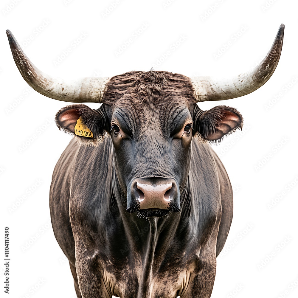 A brown cow with large horns faces forward against a white background. A brown cow with large horns faces forward against a white background.