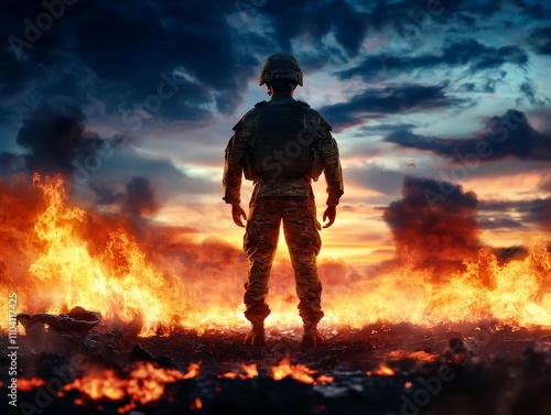 Wallpaper Mural Silhouette of Soldier Framed Against a Dramatic Burning Battlefield at Sunset, Symbolizing Courage, Sacrifice, and the Harsh Reality of War Torontodigital.ca