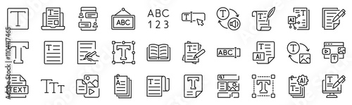 Set of 30 outline icons related to text. First set. Linear icon collection. Editable stroke. Vector illustration	