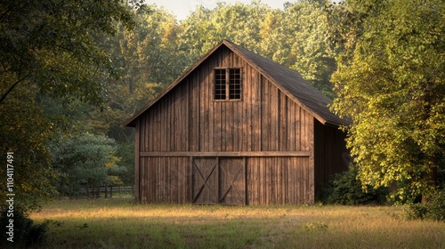 Tranquil Morning Glow at Rustic Barn with Hayloft Window - Ultra-Detailed Photorealistic Image