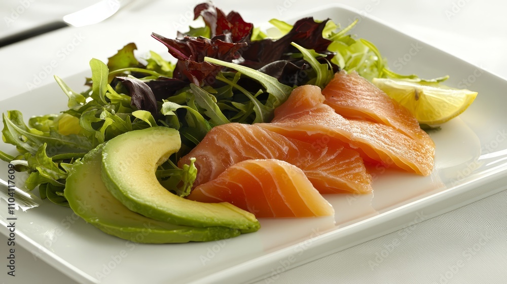 a white plate topped with a salad of salmon and avocado, accompanied by a knife and fork The salmon is a light pink color, the avocado is a bright green, and the s a white plate topped with a salad of salmon and avocado, accompanied by a knife and fork The salmon is a light pink color, the avocado is a bright green, and the s