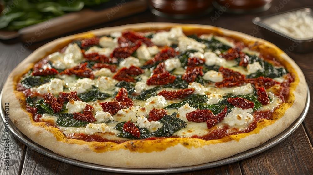 a pizza sitting on top of a metal pan on a wooden table The pizza is topped with spinach and sun-dried tomatoes, and there are other objects on the table such as a a pizza sitting on top of a metal pan on a wooden table The pizza is topped with spinach and sun-dried tomatoes, and there are other objects on the table such as a