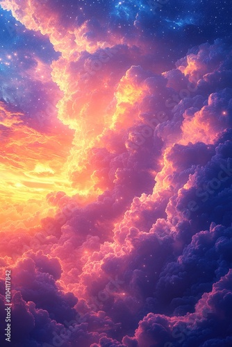 A vibrant, colorful depiction of clouds at sunset, evoking a sense of wonder and tranquility.