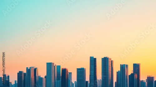 A skyline view at sunset  showcasing modern skyscrapers against a gradient sky of orange and blue hues.