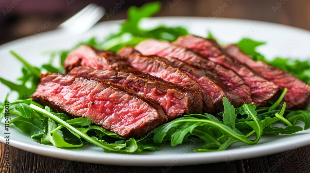 a white plate topped with a sliced steak and a bed of arugula The steak is cooked to perfection, with a golden-brown crust and juicy center The arugulas are a vib a white plate topped with a sliced steak and a bed of arugula The steak is cooked to perfection, with a golden-brown crust and juicy center The arugulas are a vib