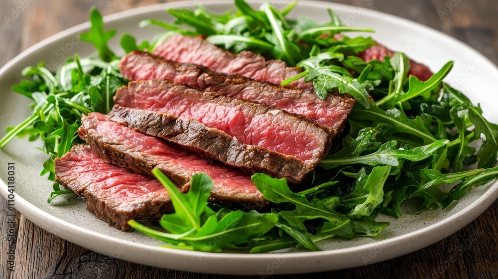 a plate of grilled flank steak with arugula salad on a wooden table The steak is cooked to perfection, with a golden-brown crust and a juicy, tender center The sa a plate of grilled flank steak with arugula salad on a wooden table The steak is cooked to perfection, with a golden-brown crust and a juicy, tender center The sa
