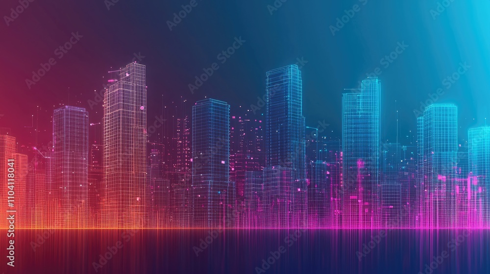 A vibrant digital city skyline illuminated in neon hues of pink, blue, and purple, representing futuristic technology and urban development. A vibrant digital city skyline illuminated in neon hues of pink, blue, and purple, representing futuristic technology and urban development.