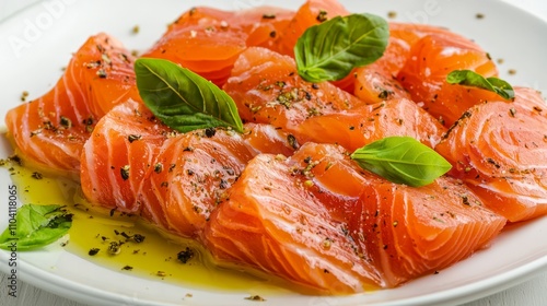  a white plate topped with slices of smoked salmon and basil leaves The salmon is a light pink color and the basil leaves are a vibrant green The plate is sitting