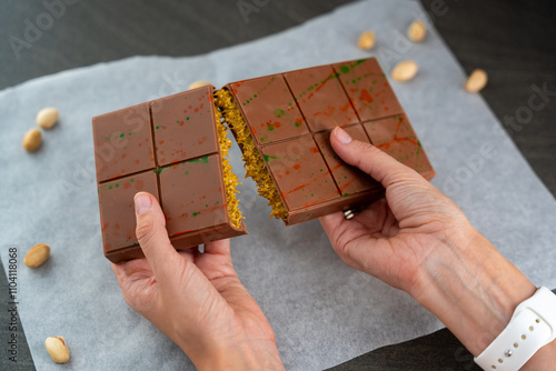 Trend Dubai chocolate with pistachio paste and kataifi dough in woman hands. Confectionery handmade sweets at home in the kitchen.  photo