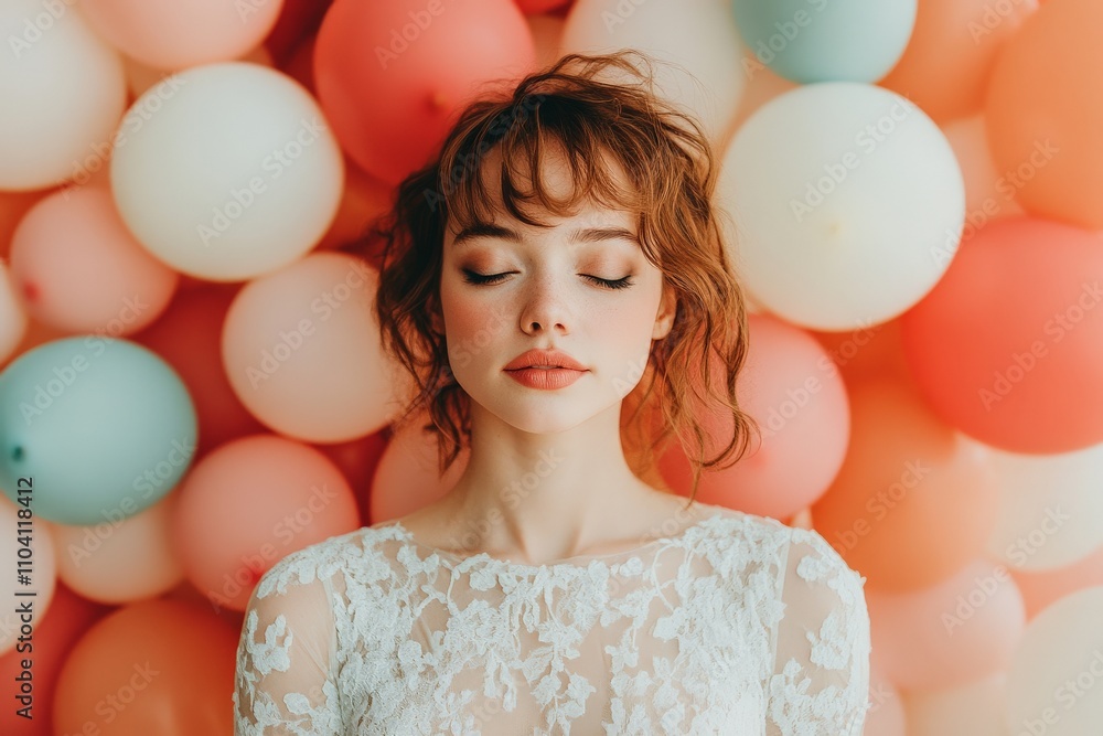A serene portrait of a young woman in a delicate lace dress standing peacefully against an array of softly colored balloons, evoking a sense of joy and whimsical beauty. A serene portrait of a young woman in a delicate lace dress standing peacefully against an array of softly colored balloons, evoking a sense of joy and whimsical beauty.