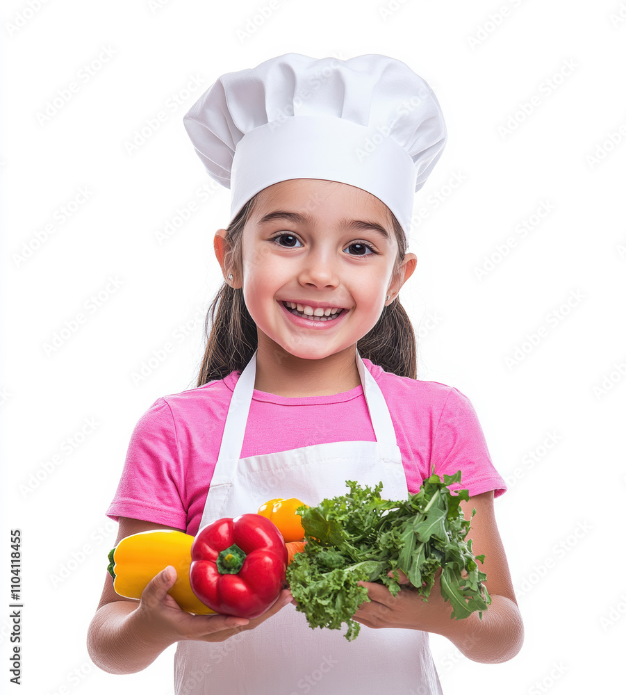 Young chef smiles as she holds fresh vegetables on a white background Young chef smiles as she holds fresh vegetables on a white background