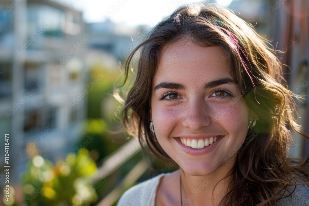 A happy woman with long brown hair smiles directly into the lens A happy woman with long brown hair smiles directly into the lens