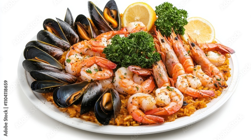  a plate of seafood paella with mussels and shrimp, garnished with lemon slices and coriander leaves, on a white background