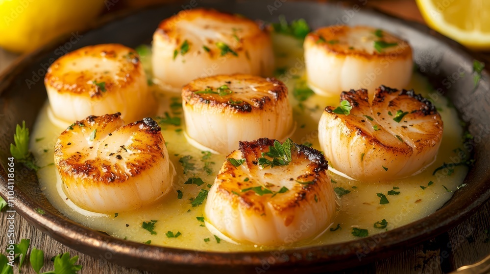 a plate of seared scallops with lemon butter sauce, garnished with coriander leaves The plate is sitting on a wooden surface, with a fork beside it The background a plate of seared scallops with lemon butter sauce, garnished with coriander leaves The plate is sitting on a wooden surface, with a fork beside it The background