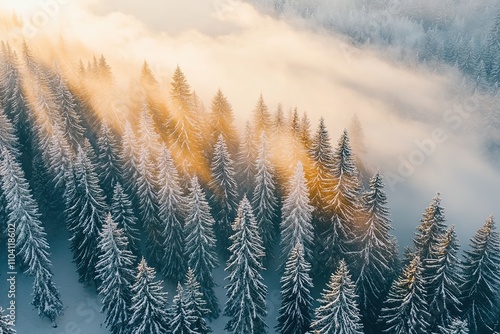 Sunrise over frosty forest, light piercing fog