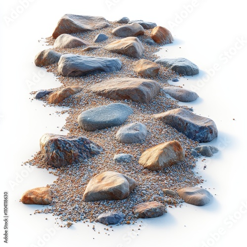 A mound of golden sand combined with scattered fine gravel and polished pebbles forming soft layers and natural contours on a pristine white background, Photorealistic photo