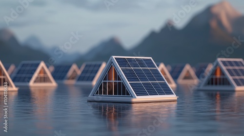 The image depicts solar panels in a pyramid shape floating on water, surrounded by mountains, highlighting renewable energy and innovation. photo