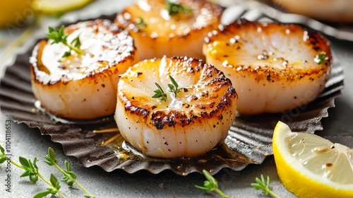  a plate of grilled scallops with lemon wedges and thyme leaves, set against a blurred background The scalls are cooked to perfection, with a golden-brown crust and photo