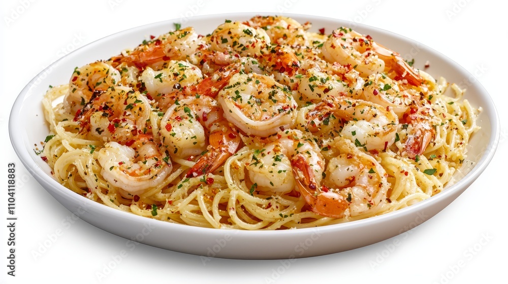 a plate of linguine with shrimp and garlic, which is a delicious combination of pasta and shrimp The plate is filled with a generous portion of the pasta, topped w a plate of linguine with shrimp and garlic, which is a delicious combination of pasta and shrimp The plate is filled with a generous portion of the pasta, topped w