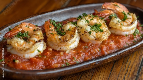  a plate of grilled shrimp in a tomato sauce on a wooden table The shrimp are cooked to perfection, with a golden-brown hue and a smoky aroma The tomato sauce is a