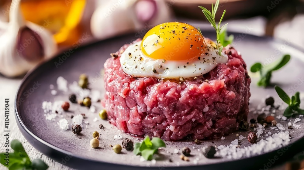 a plate of steak tartare with a fried egg on top, surrounded by garlic and leaves The background is slightly blurred, giving the focus to the plate of food a plate of steak tartare with a fried egg on top, surrounded by garlic and leaves The background is slightly blurred, giving the focus to the plate of food